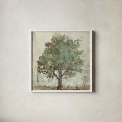 Verdi Trees I Light Green Crop by Silvia Vassileva. Shown in a crisp white glass frame for a clean and minimalist style. Available as an archival giclee rolled canvas, fine art paper, or poster print. SKU 43771a.