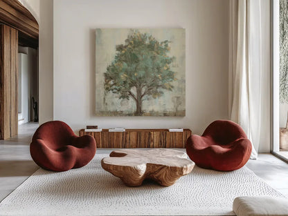 Verdi Trees I Light Green Crop by Silvia Vassileva. Shown as extra-large giant wall art in a modern living room. Available as an archival giclee rolled canvas, fine art paper, or poster print. SKU 43771a.