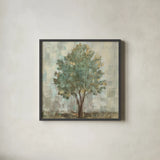 Verdi Trees II Light Green Crop by Silvia Vassileva. Shown in a sleek black glass frame for a contemporary gallery look. Available as an archival giclee rolled canvas, fine art paper, or poster print. SKU 43772a.