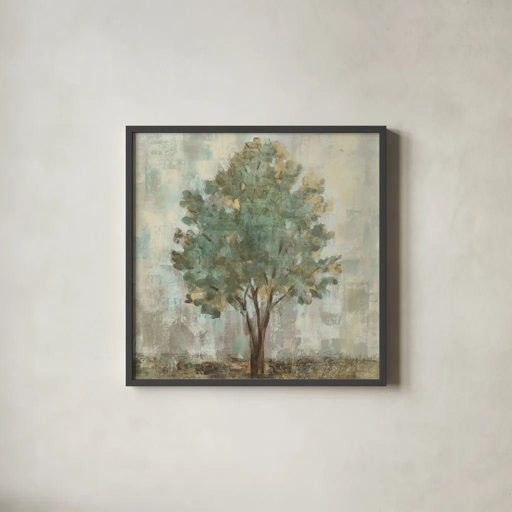 Verdi Trees II Light Green Crop by Silvia Vassileva. Shown in a sleek black glass frame for a contemporary gallery look. Available as an archival giclee rolled canvas, fine art paper, or poster print. SKU 43772a.
