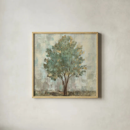 Verdi Trees II Light Green Crop by Silvia Vassileva. Shown in a natural wood glass frame for a timeless modern aesthetic. Available as an archival giclee rolled canvas, fine art paper, or poster print. SKU 43772a.