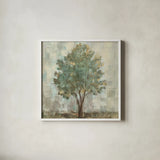 Verdi Trees II Light Green Crop by Silvia Vassileva. Shown in a crisp white glass frame for a clean and minimalist style. Available as an archival giclee rolled canvas, fine art paper, or poster print. SKU 43772a.