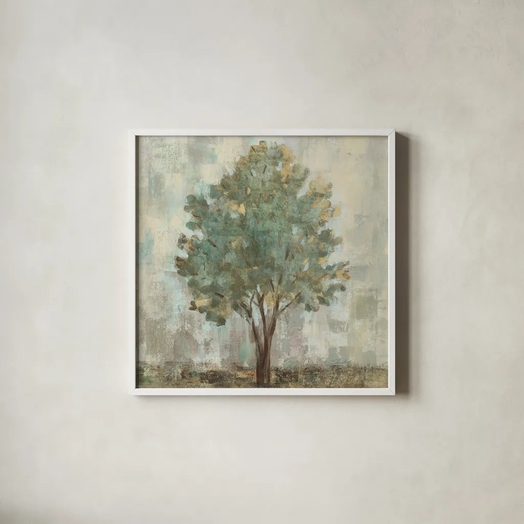 Verdi Trees II Light Green Crop by Silvia Vassileva. Shown in a crisp white glass frame for a clean and minimalist style. Available as an archival giclee rolled canvas, fine art paper, or poster print. SKU 43772a.