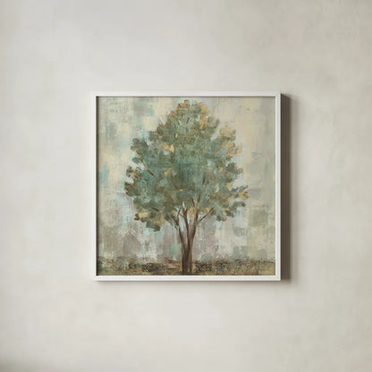 Verdi Trees II Light Green Crop by Silvia Vassileva. Shown in a crisp white glass frame for a clean and minimalist style. Available as an archival giclee rolled canvas, fine art paper, or poster print. SKU 43772a.