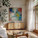 Vibrant Rainbow by Silvia Vassileva. Shown in a natural wood frame in a cozy modern living room. Available as an archival giclee rolled canvas, fine art paper, or poster print. SKU 64154a.