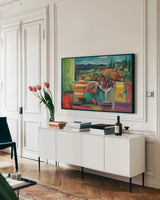 View Through the Window Crop by Silvia Vassileva. shown as a framed stretched canvas in a living room above a console. Available as a archival giclee rolled canvas, fine art paper, or poster print. SKU 36702i.