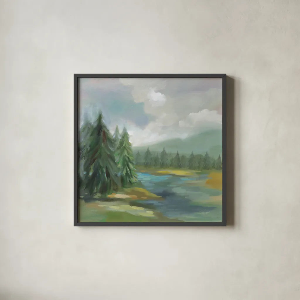 View from the Lodge by Silvia Vassileva. Shown in a sleek black glass frame for a contemporary gallery look. Available as an archival giclee rolled canvas, fine art paper, or poster print. SKU 77111a.