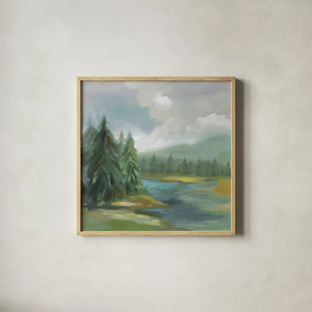 View from the Lodge by Silvia Vassileva. Shown in a natural wood glass frame for a timeless modern aesthetic. Available as an archival giclee rolled canvas, fine art paper, or poster print. SKU 77111a.