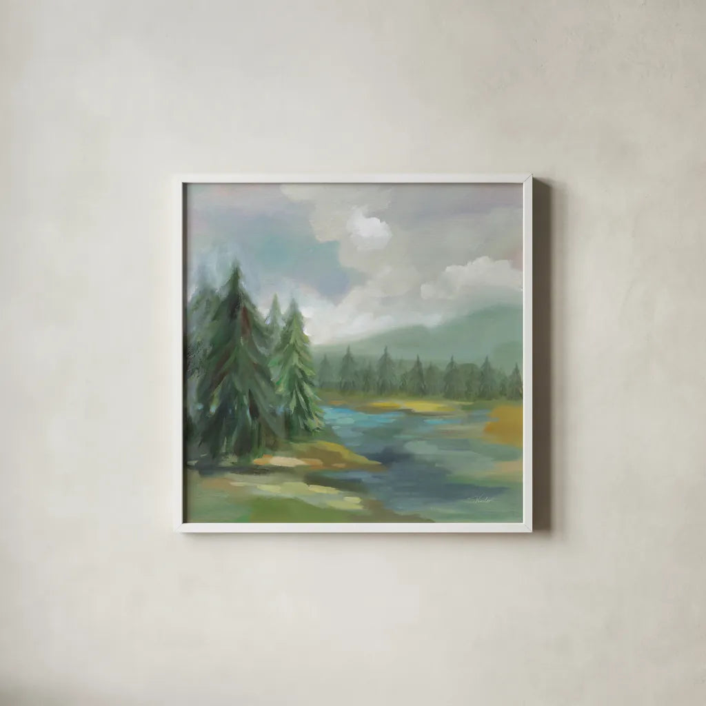 View from the Lodge by Silvia Vassileva. Shown in a crisp white glass frame for a clean and minimalist style. Available as an archival giclee rolled canvas, fine art paper, or poster print. SKU 77111a.