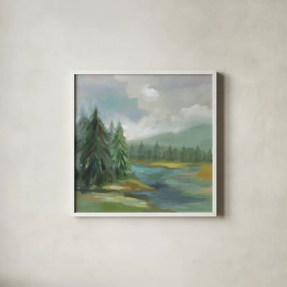 View from the Lodge by Silvia Vassileva. Shown in a crisp white glass frame for a clean and minimalist style. Available as an archival giclee rolled canvas, fine art paper, or poster print. SKU 77111a.