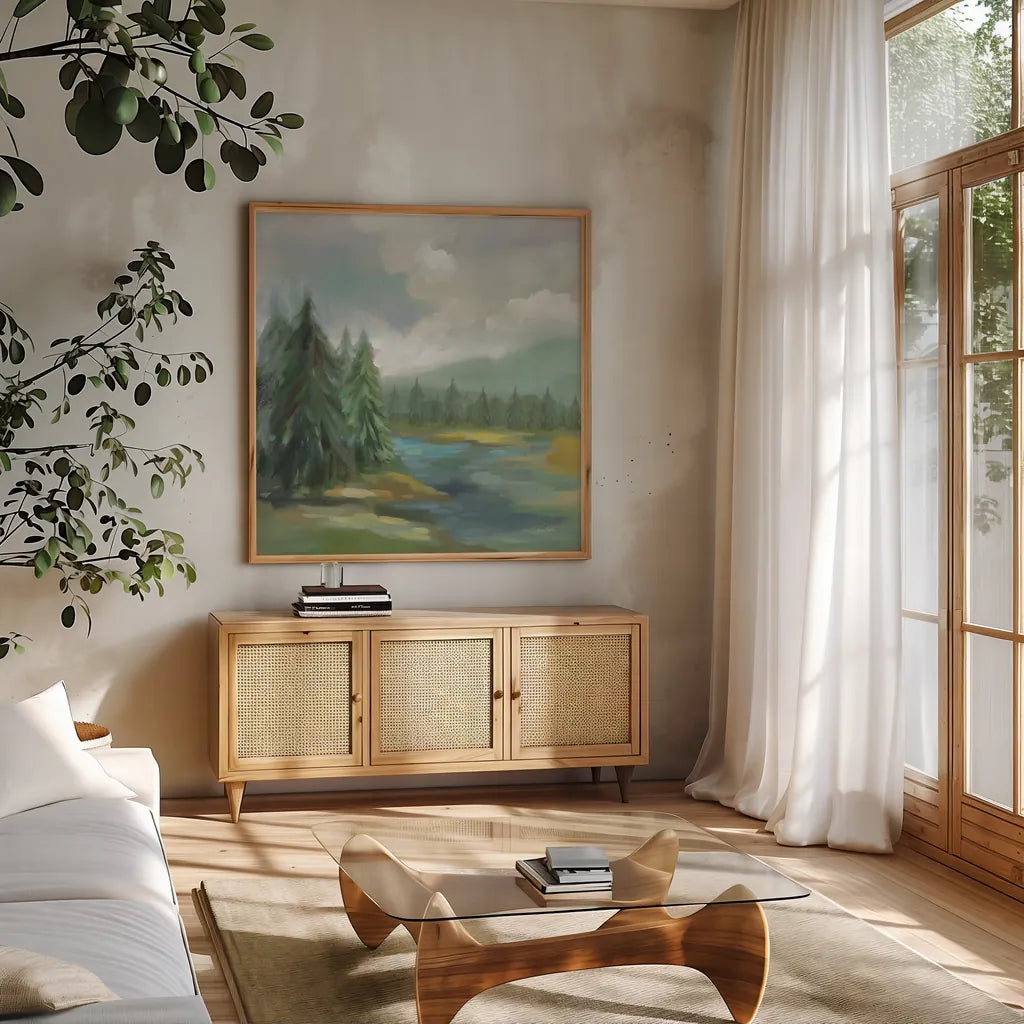 View from the Lodge by Silvia Vassileva. Shown in a natural wood frame in a cozy modern living room. Available as an archival giclee rolled canvas, fine art paper, or poster print. SKU 77111a.