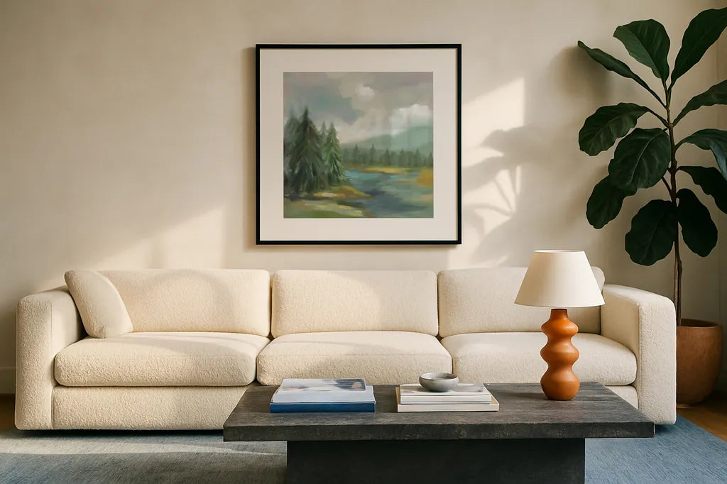 View from the Lodge by Silvia Vassileva. Displayed in a glass frame with matte in a clean modern living room. Available as an archival giclee rolled canvas, fine art paper, or poster print. SKU 77111a.
