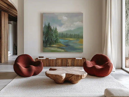 View from the Lodge by Silvia Vassileva. Shown as extra-large giant wall art in a modern living room. Available as an archival giclee rolled canvas, fine art paper, or poster print. SKU 77111a.