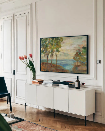 View of the Lake by Silvia Vassileva. shown as a framed stretched canvas in a living room above a console. Available as a archival giclee rolled canvas, fine art paper, or poster print. SKU 22518i.