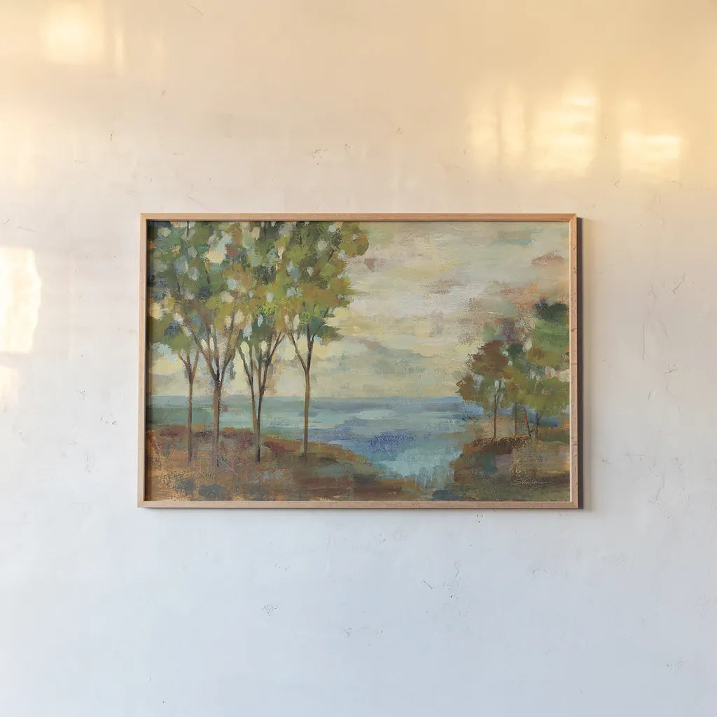 View of the Lake by Silvia Vassileva. shown as a paper print in a natural frame. Available as a archival giclee rolled canvas, fine art paper, or poster print. SKU 22518i.