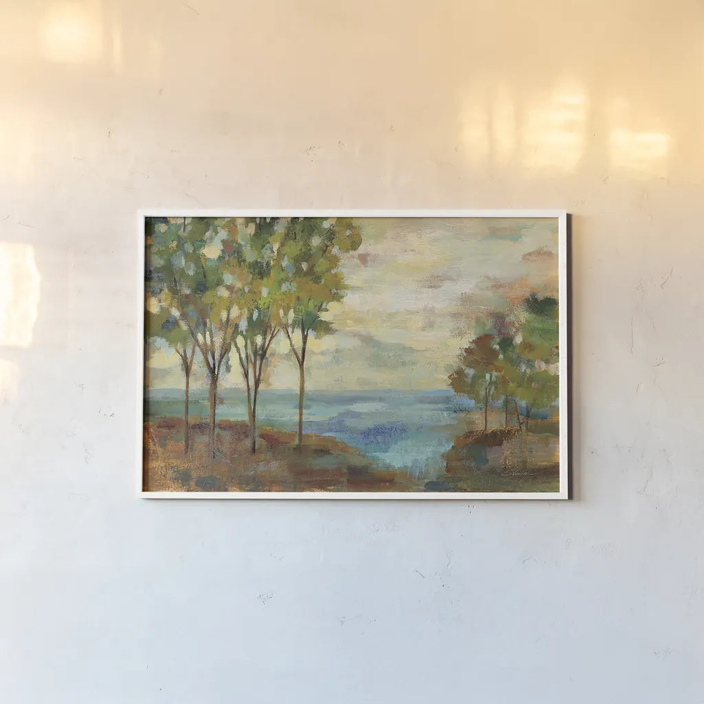 View of the Lake by Silvia Vassileva. shown as a paper print in a white frame. Available as a archival giclee rolled canvas, fine art paper, or poster print. SKU 22518i.