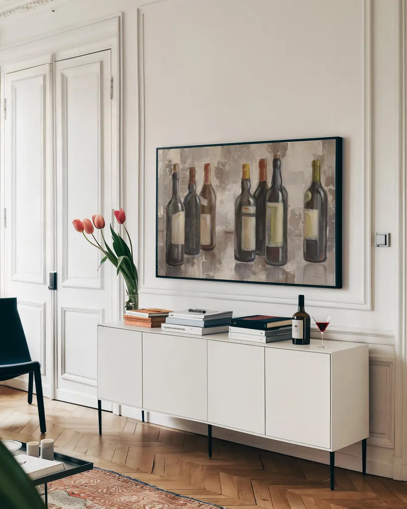 Vino Marsala no Words Gray by Silvia Vassileva. shown as a framed stretched canvas in a living room above a console. Available as a archival giclee rolled canvas, fine art paper, or poster print. SKU 22433i.