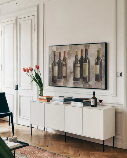 Vino Marsala no Words Gray by Silvia Vassileva. shown as a framed stretched canvas in a living room above a console. Available as a archival giclee rolled canvas, fine art paper, or poster print. SKU 22433i.