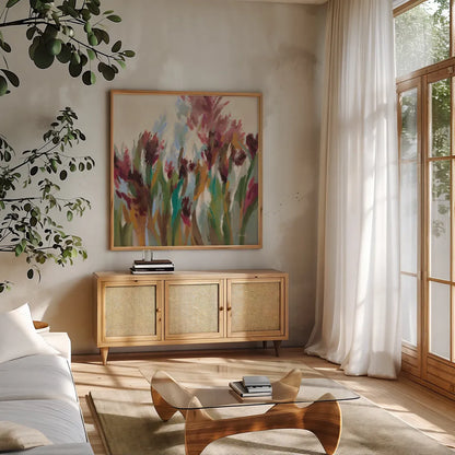 Vintage Garden by Silvia Vassileva. Shown in a natural wood frame in a cozy modern living room. Available as an archival giclee rolled canvas, fine art paper, or poster print. SKU 88446a.