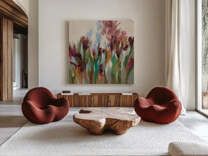 Vintage Garden by Silvia Vassileva. Shown as extra-large giant wall art in a modern living room. Available as an archival giclee rolled canvas, fine art paper, or poster print. SKU 88446a.