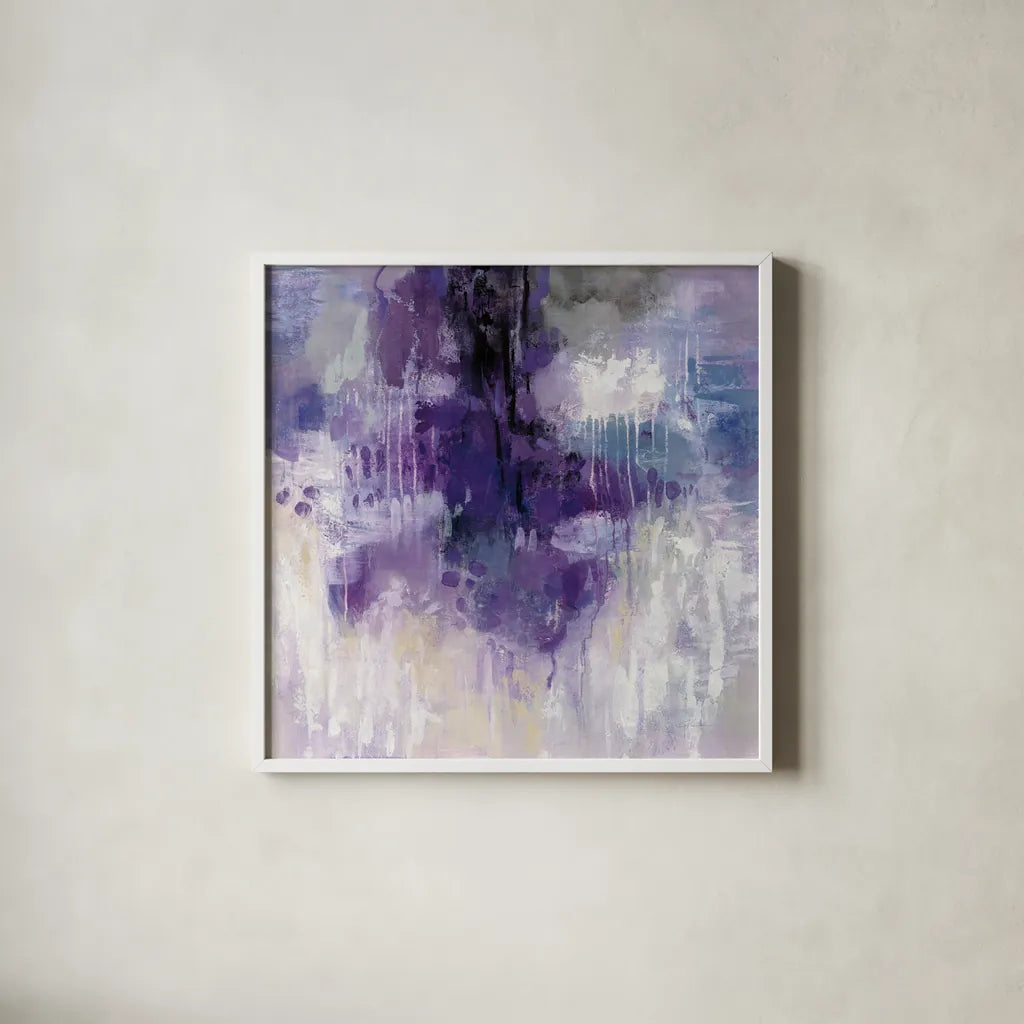 Violet Rain by Silvia Vassileva. Shown in a crisp white glass frame for a clean and minimalist style. Available as an archival giclee rolled canvas, fine art paper, or poster print. SKU 40805a.