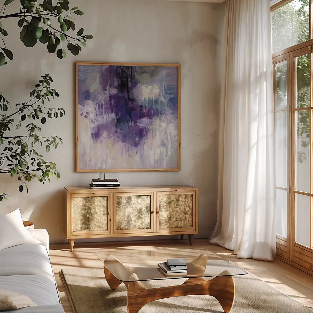 Violet Rain by Silvia Vassileva. Shown in a natural wood frame in a cozy modern living room. Available as an archival giclee rolled canvas, fine art paper, or poster print. SKU 40805a.