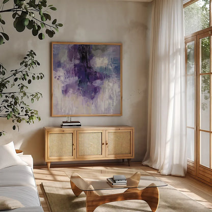 Violet Rain by Silvia Vassileva. Shown in a natural wood frame in a cozy modern living room. Available as an archival giclee rolled canvas, fine art paper, or poster print. SKU 40805a.