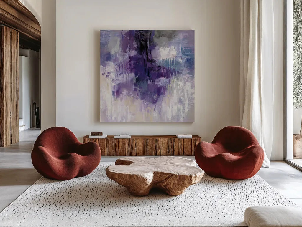 Violet Rain by Silvia Vassileva. Shown as extra-large giant wall art in a modern living room. Available as an archival giclee rolled canvas, fine art paper, or poster print. SKU 40805a.