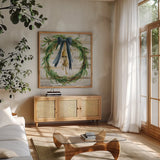 Viridian Wreath by Silvia Vassileva. Shown in a natural wood frame in a cozy modern living room. Available as an archival giclee rolled canvas, fine art paper, or poster print. SKU 94674a.