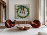 Viridian Wreath by Silvia Vassileva. Shown as extra-large giant wall art in a modern living room. Available as an archival giclee rolled canvas, fine art paper, or poster print. SKU 94674a.