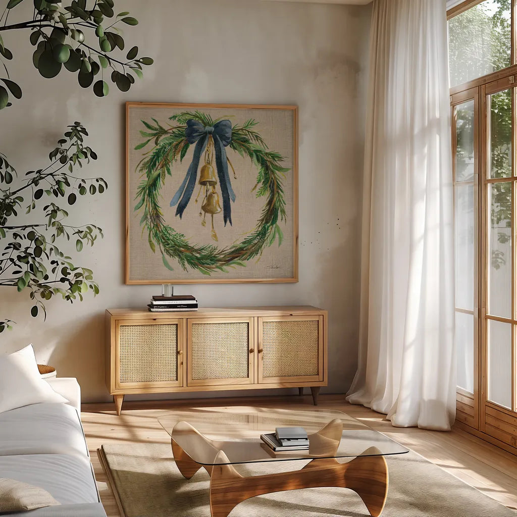 Viridian Wreath v3 by Silvia Vassileva. Shown in a natural wood frame in a cozy modern living room. Available as an archival giclee rolled canvas, fine art paper, or poster print. SKU 101769a.