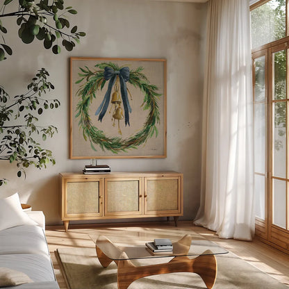 Viridian Wreath v3 by Silvia Vassileva. Shown in a natural wood frame in a cozy modern living room. Available as an archival giclee rolled canvas, fine art paper, or poster print. SKU 101769a.