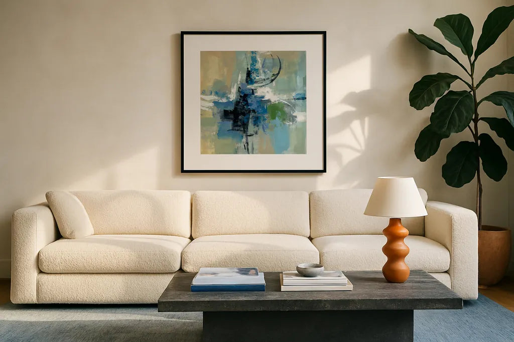 Vista Point I by Silvia Vassileva. Displayed in a glass frame with matte in a clean modern living room. Available as an archival giclee rolled canvas, fine art paper, or poster print. SKU 30162a.