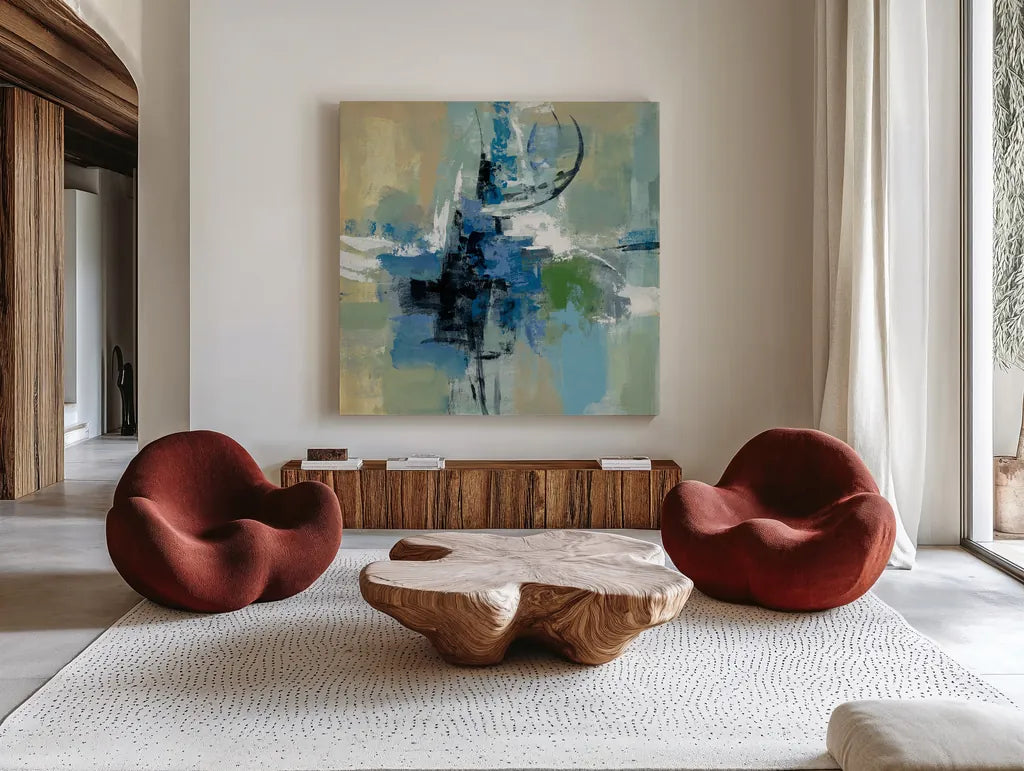 Vista Point I by Silvia Vassileva. Shown as extra-large giant wall art in a modern living room. Available as an archival giclee rolled canvas, fine art paper, or poster print. SKU 30162a.