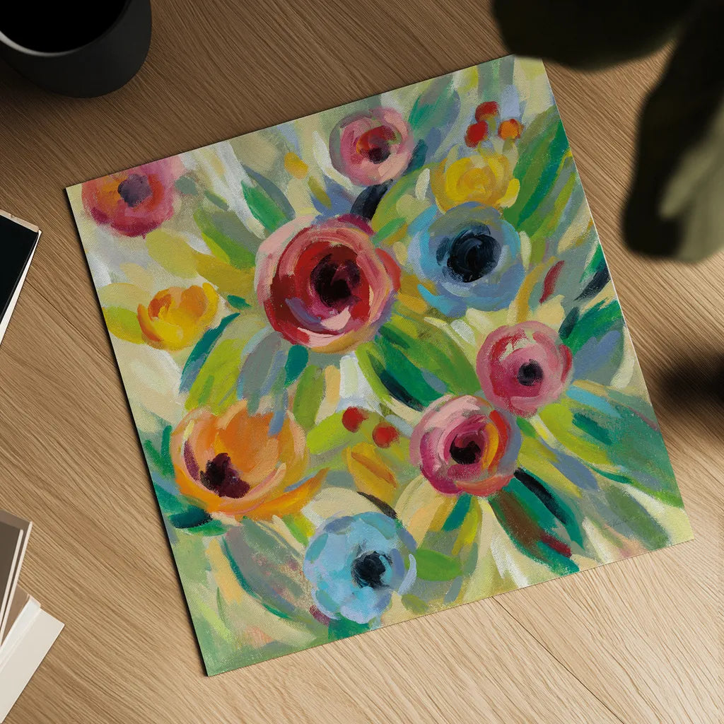 Vivid Coral Floral II by Silvia Vassileva. Shown as a detailed flat fine art print, highlighting archival giclee quality. Available as an archival giclee rolled canvas, fine art paper, or poster print. SKU 52205a.