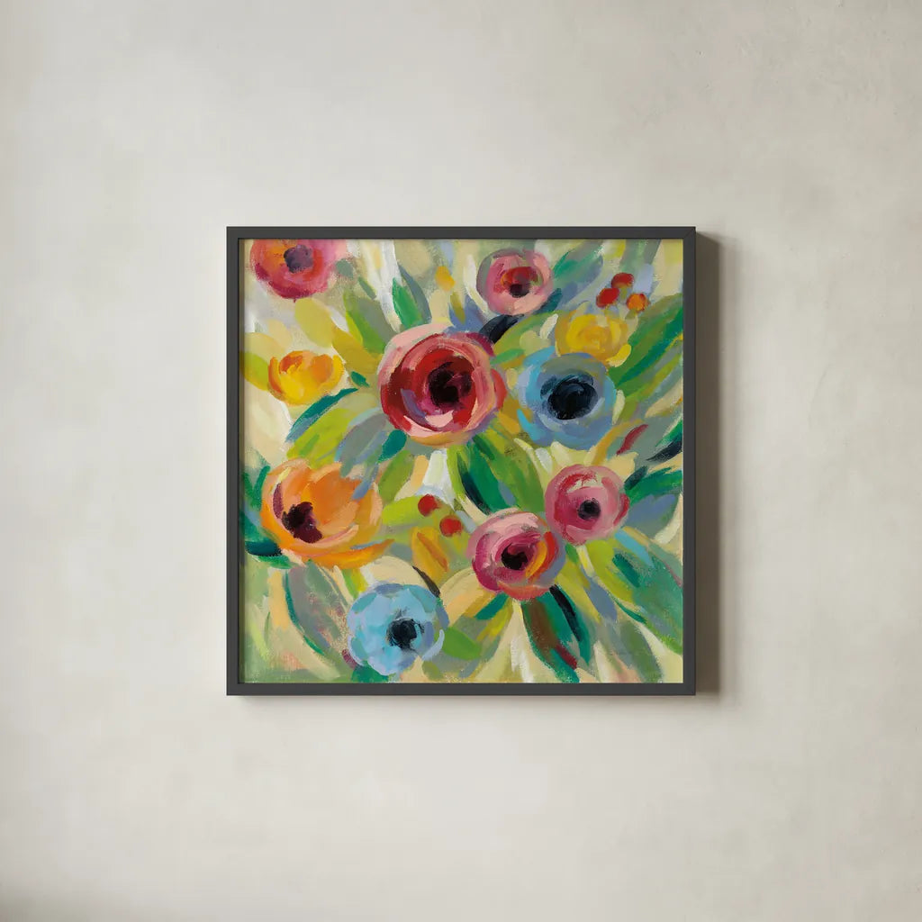 Vivid Coral Floral II by Silvia Vassileva. Shown in a sleek black glass frame for a contemporary gallery look. Available as an archival giclee rolled canvas, fine art paper, or poster print. SKU 52205a.