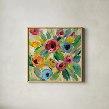 Vivid Coral Floral II by Silvia Vassileva. Shown in a natural wood glass frame for a timeless modern aesthetic. Available as an archival giclee rolled canvas, fine art paper, or poster print. SKU 52205a.