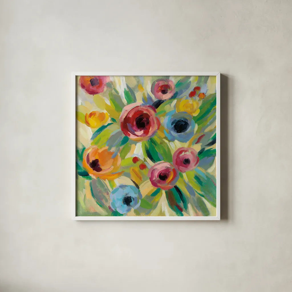 Vivid Coral Floral II by Silvia Vassileva. Shown in a crisp white glass frame for a clean and minimalist style. Available as an archival giclee rolled canvas, fine art paper, or poster print. SKU 52205a.