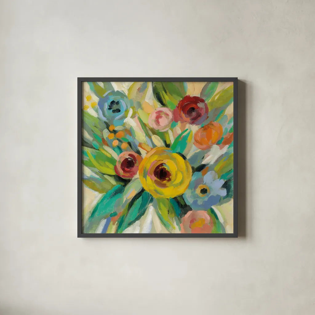 Vivid Coral Floral III by Silvia Vassileva. Shown in a sleek black glass frame for a contemporary gallery look. Available as an archival giclee rolled canvas, fine art paper, or poster print. SKU 52206a.