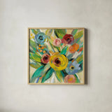 Vivid Coral Floral III by Silvia Vassileva. Shown in a natural wood glass frame for a timeless modern aesthetic. Available as an archival giclee rolled canvas, fine art paper, or poster print. SKU 52206a.