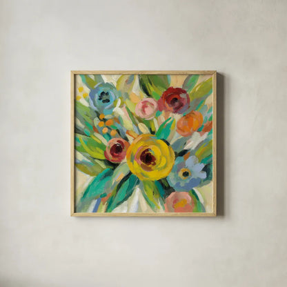 Vivid Coral Floral III by Silvia Vassileva. Shown in a natural wood glass frame for a timeless modern aesthetic. Available as an archival giclee rolled canvas, fine art paper, or poster print. SKU 52206a.