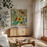 Vivid Coral Floral III by Silvia Vassileva. Shown in a natural wood frame in a cozy modern living room. Available as an archival giclee rolled canvas, fine art paper, or poster print. SKU 52206a.