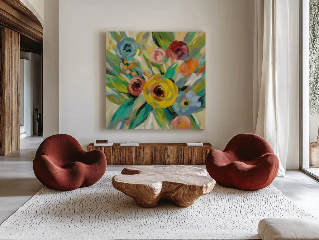Vivid Coral Floral III by Silvia Vassileva. Shown as extra-large giant wall art in a modern living room. Available as an archival giclee rolled canvas, fine art paper, or poster print. SKU 52206a.