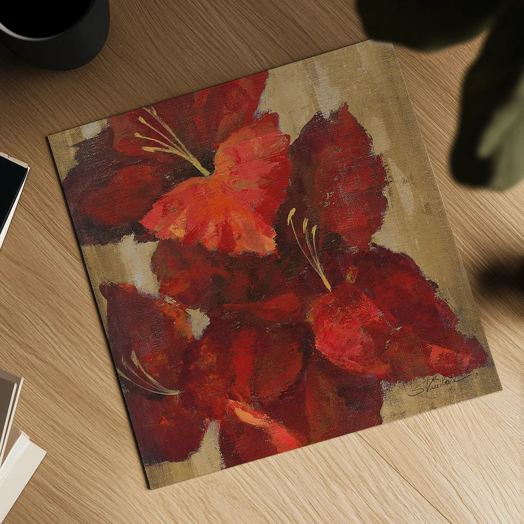 Vivid Red Gladiola on Gold Crop by Silvia Vassileva. Shown as a detailed flat fine art print, highlighting archival giclee quality. Available as an archival giclee rolled canvas, fine art paper, or poster print. SKU 15039a.