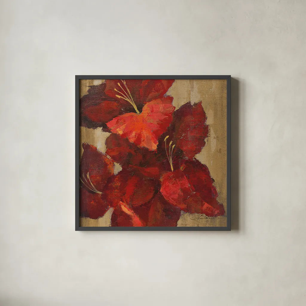 Vivid Red Gladiola on Gold Crop by Silvia Vassileva. Shown in a sleek black glass frame for a contemporary gallery look. Available as an archival giclee rolled canvas, fine art paper, or poster print. SKU 15039a.