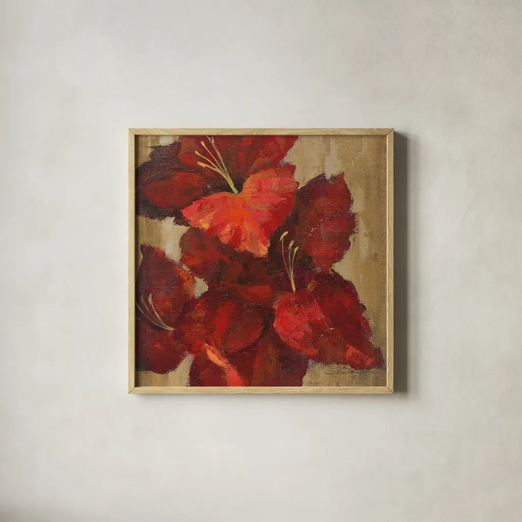 Vivid Red Gladiola on Gold Crop by Silvia Vassileva. Shown in a natural wood glass frame for a timeless modern aesthetic. Available as an archival giclee rolled canvas, fine art paper, or poster print. SKU 15039a.