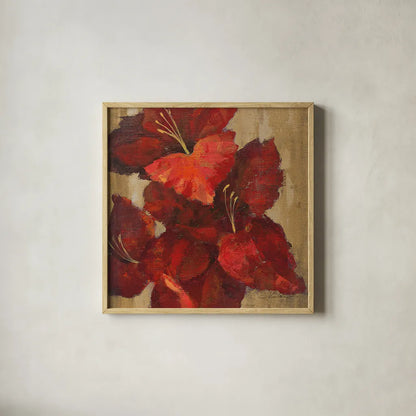 Vivid Red Gladiola on Gold Crop by Silvia Vassileva. Shown in a natural wood glass frame for a timeless modern aesthetic. Available as an archival giclee rolled canvas, fine art paper, or poster print. SKU 15039a.