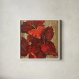 Vivid Red Gladiola on Gold Crop by Silvia Vassileva. Shown in a crisp white glass frame for a clean and minimalist style. Available as an archival giclee rolled canvas, fine art paper, or poster print. SKU 15039a.