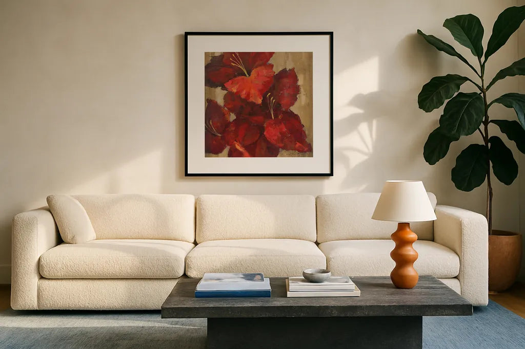 Vivid Red Gladiola on Gold Crop by Silvia Vassileva. Displayed in a glass frame with matte in a clean modern living room. Available as an archival giclee rolled canvas, fine art paper, or poster print. SKU 15039a.