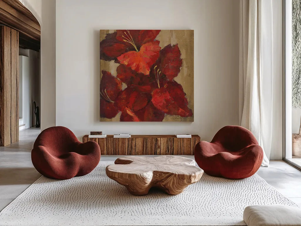 Vivid Red Gladiola on Gold Crop by Silvia Vassileva. Shown as extra-large giant wall art in a modern living room. Available as an archival giclee rolled canvas, fine art paper, or poster print. SKU 15039a.